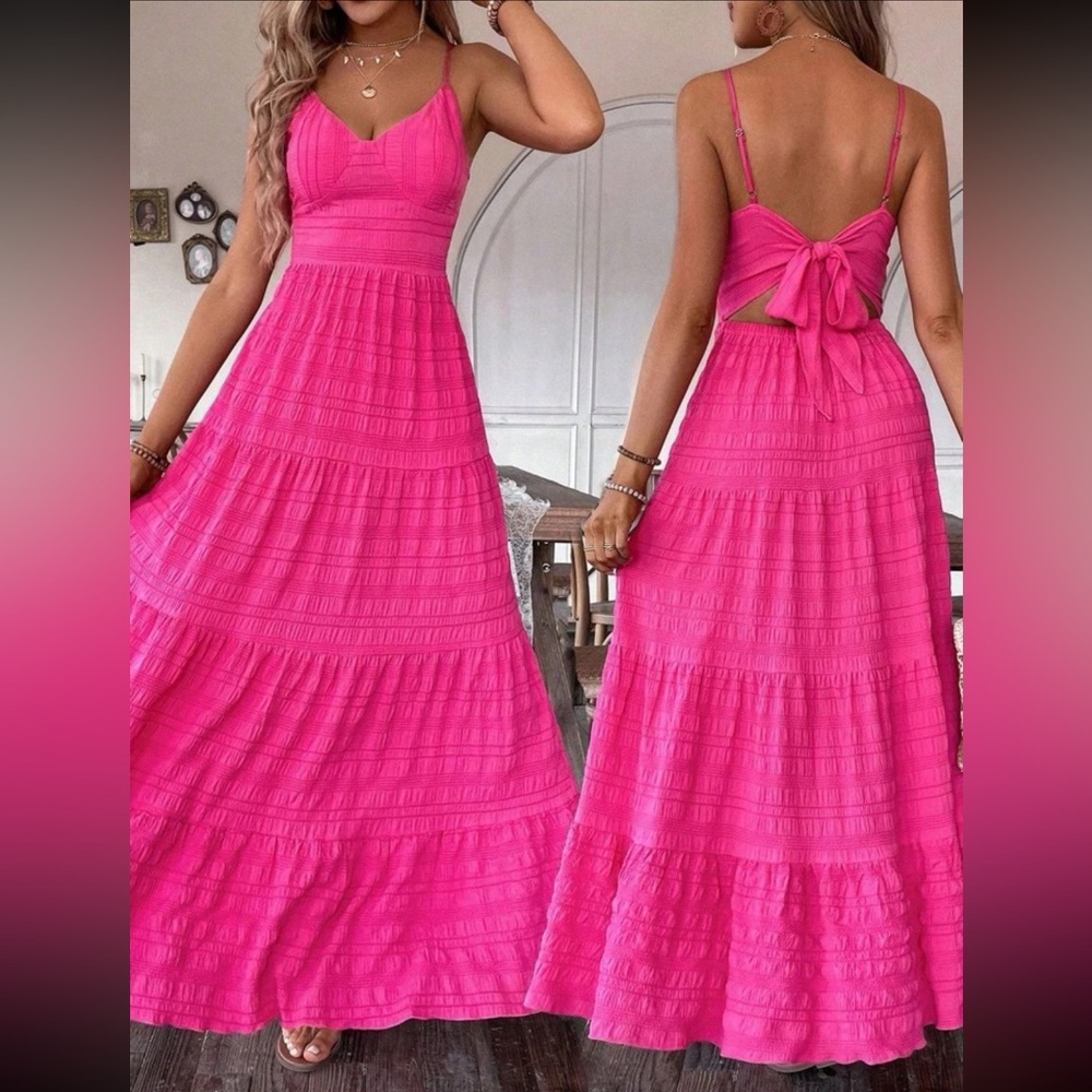 Boho hot pink cutout tie back maxi dress